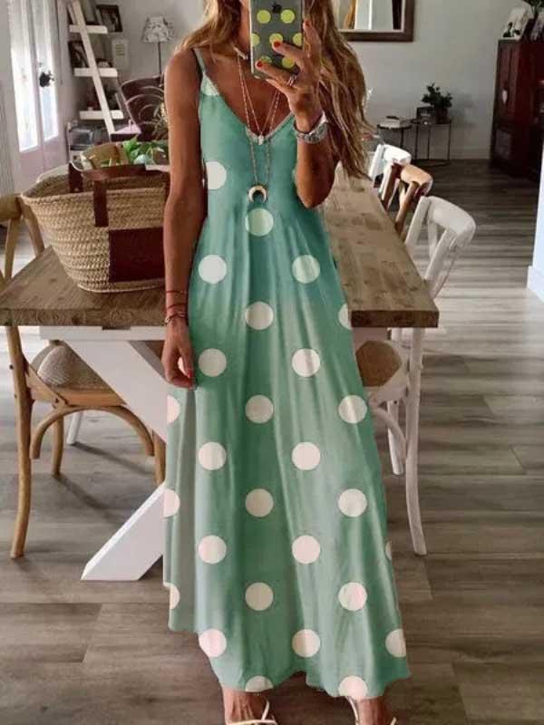 Polka dot print dress suspender maxi