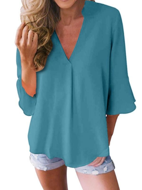 V-neck ruffled 3/4 sleeves loose chiffon shirt