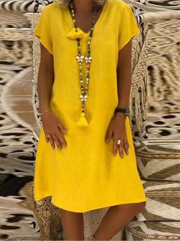 Solid color short sleeve V-neck dress
