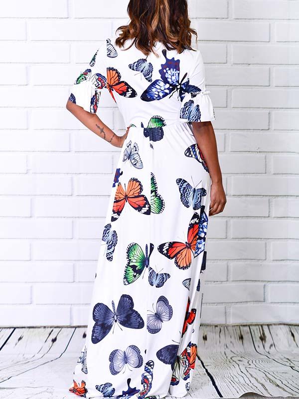 Casual Butterfly Print V-neck Short Sleeve Dress