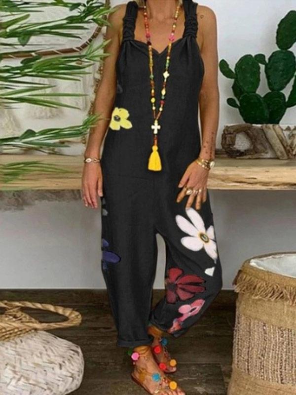 Women's loose plus size cotton and linen printed jumpsuit