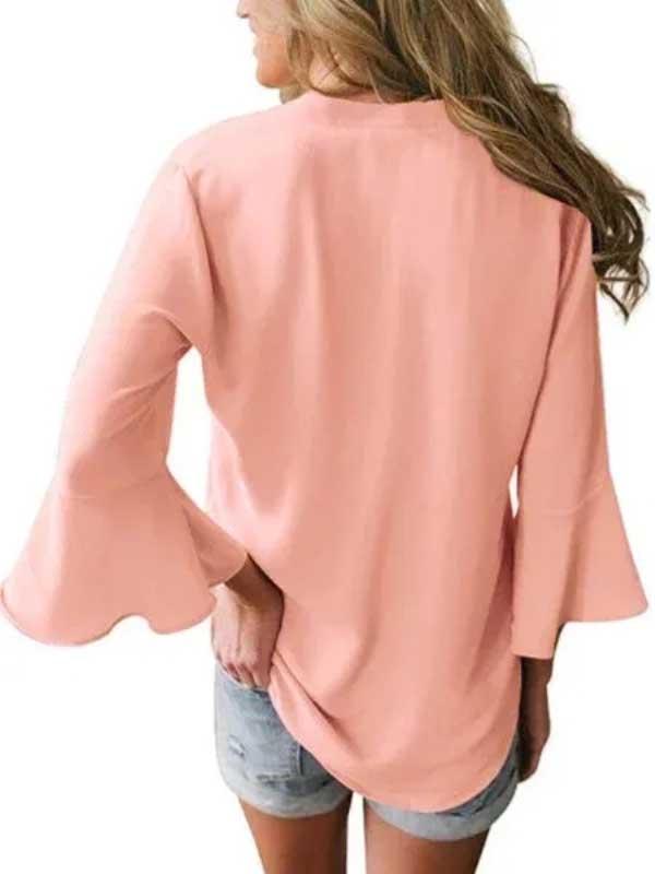 V-neck ruffled 3/4 sleeves loose chiffon shirt