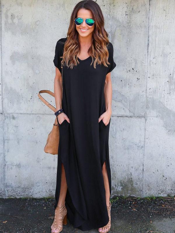 Women's V-neck Solid Color Pocket Split Dress