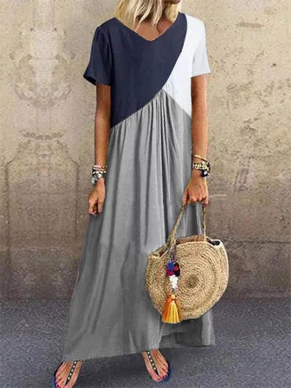 Women's V-neck plus size color matching maxi dress