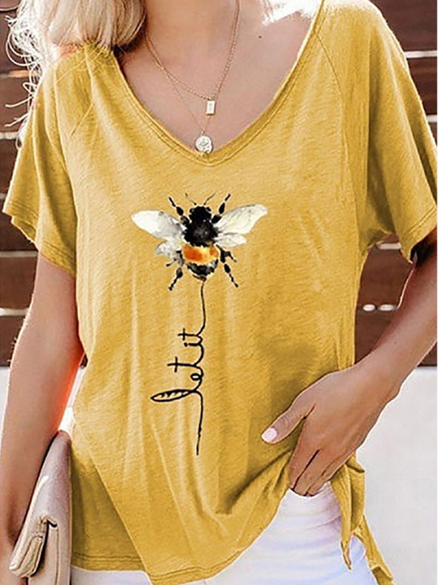 Bee Print V-neck Top Short Sleeve T-shirt