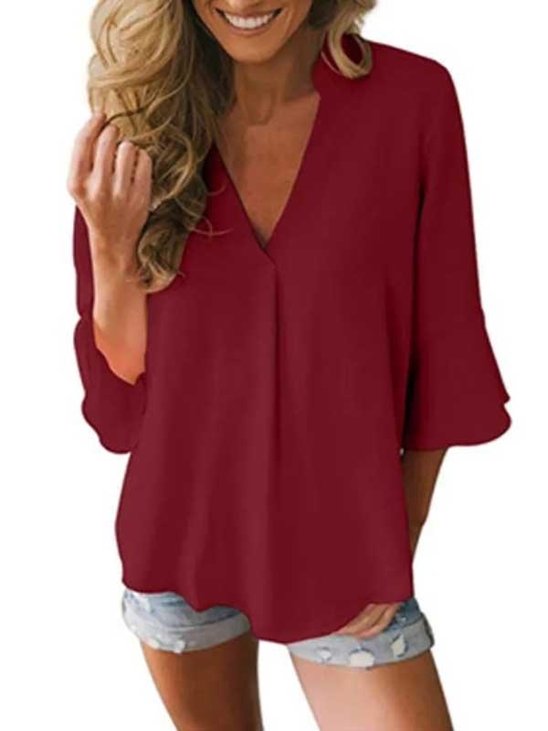 V-neck ruffled 3/4 sleeves loose chiffon shirt