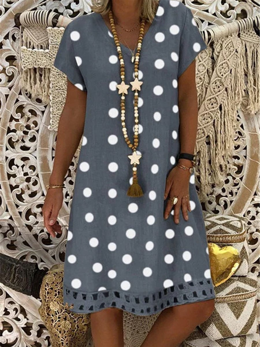 Casual V Neck Polka Dot Print Short Sleeve Midi Dresses