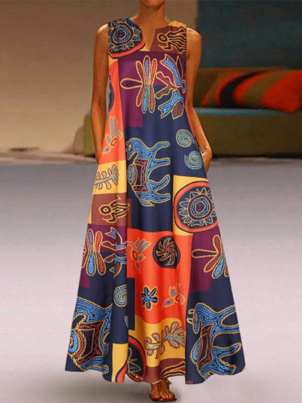 Women's loose vintage tribal print V-neck sleeveless dress