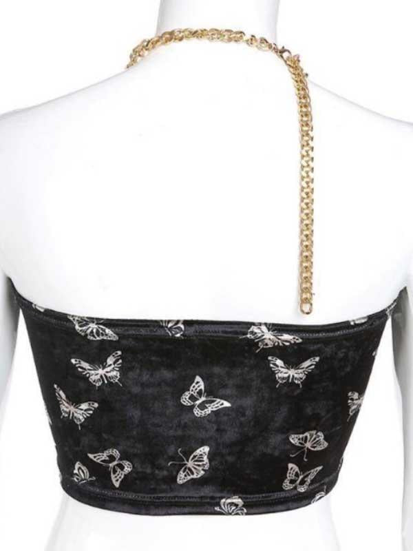 Butterfly Printed Velvet Chain Slotted Collar Sexy Vest
