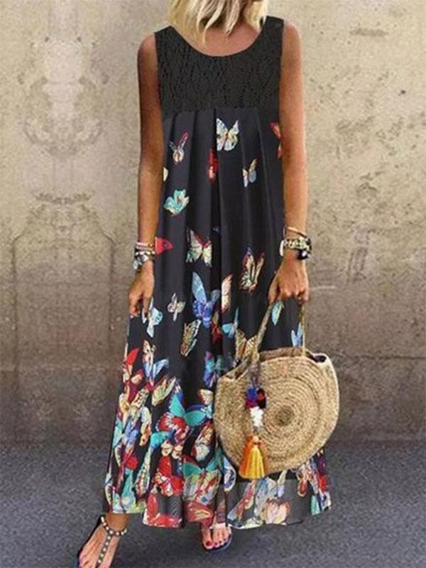 Women's butterfly print stitching maxi dress