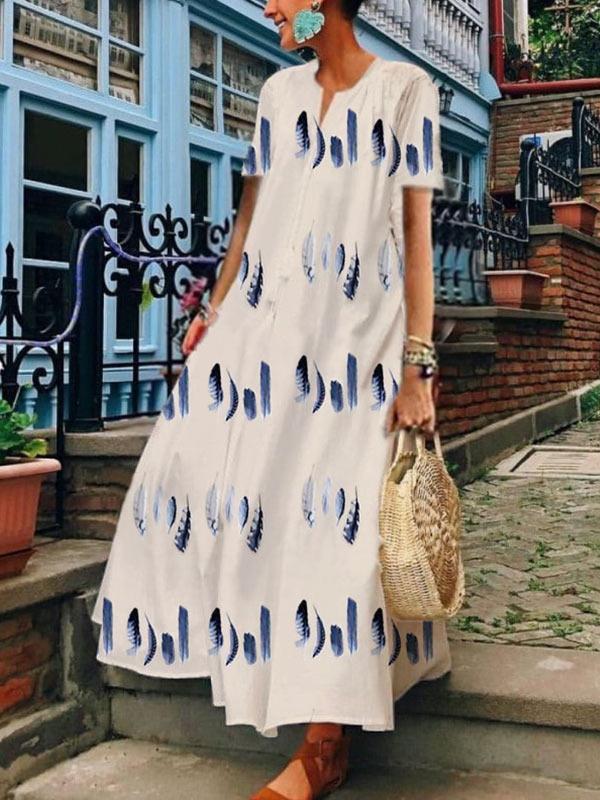 Women's feather print V-neck maxi dress