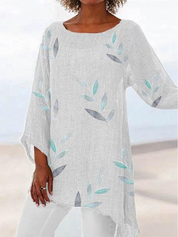 Women's Cotton Linen Sleeve Round Neck Leaf Print T-Shirt