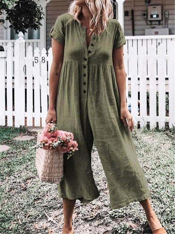 Button Down Short Sleeve Jumpsuit