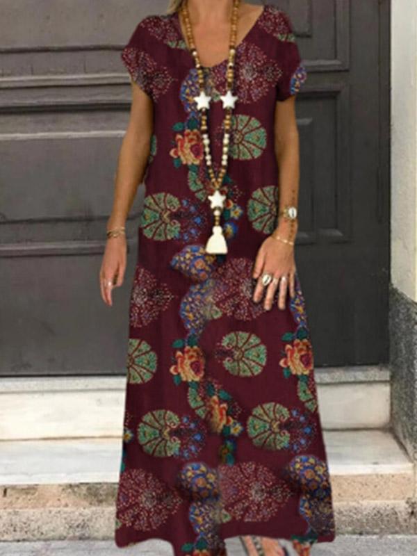 Ladies fashion print stitching v-neck loose comfortable short sleeve dress